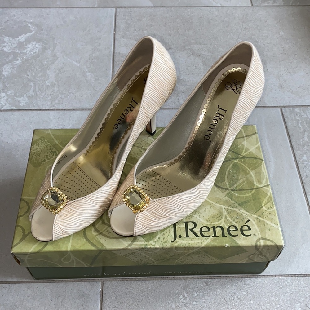 J.Reneé open toe pleated satin heels